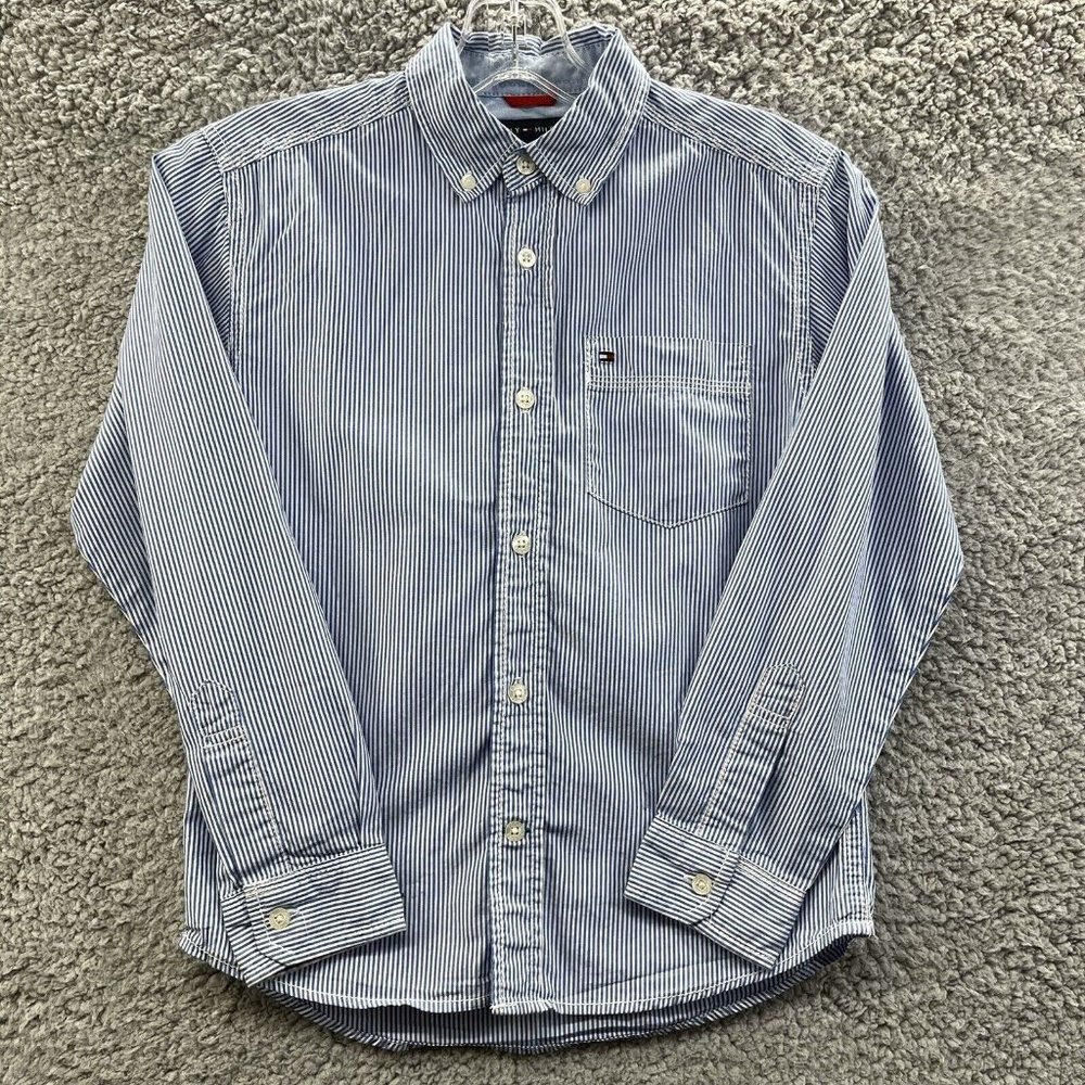 Tommy Hilfiger Button Up Boys Small Pinstripe Blue And White Shirt‎ Boys S